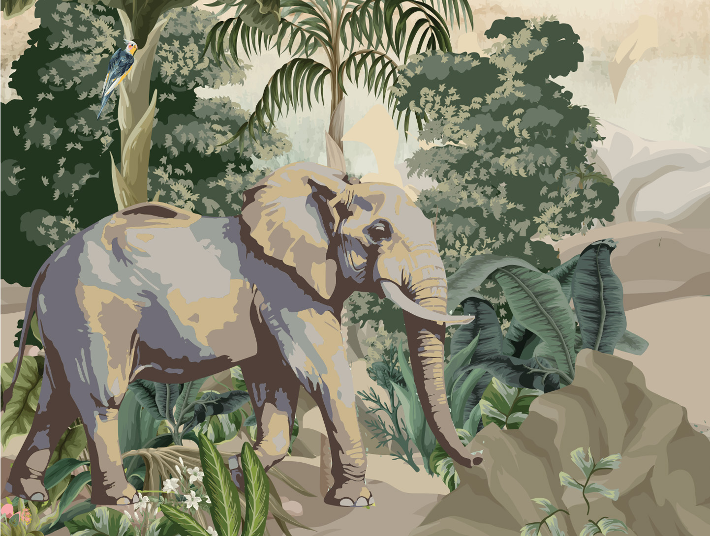 The fantasy jungle wallpaper artwork — tropical foliage, birds and elephants in a storybook landscape