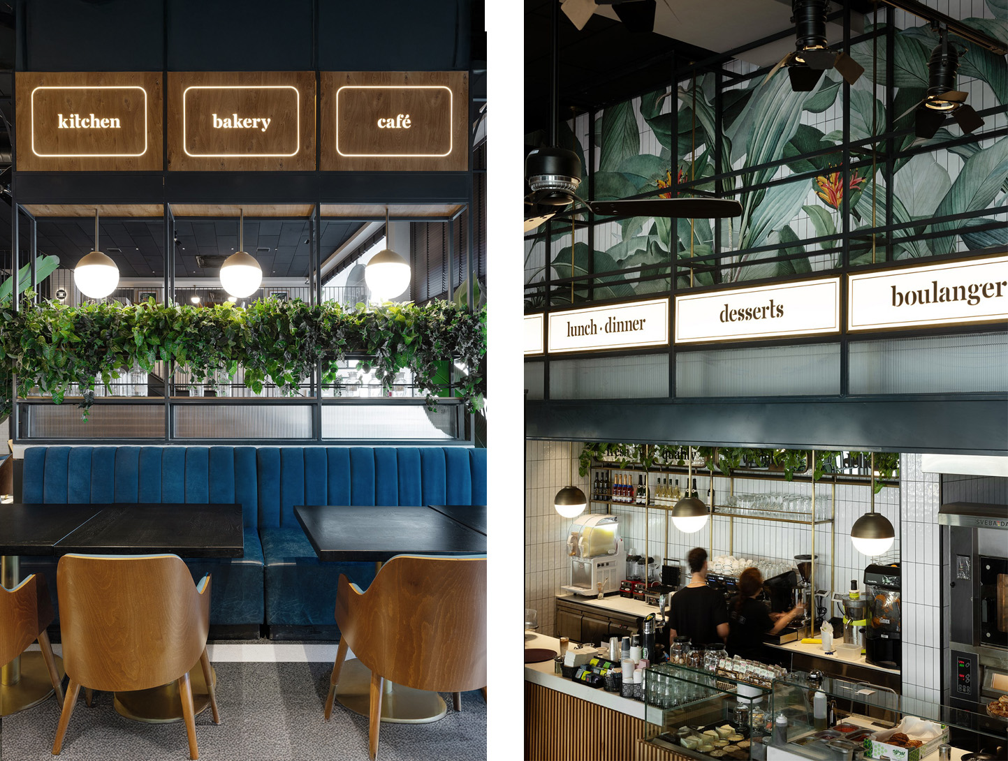 Lit signage defining the kitchen, bakery and café zones