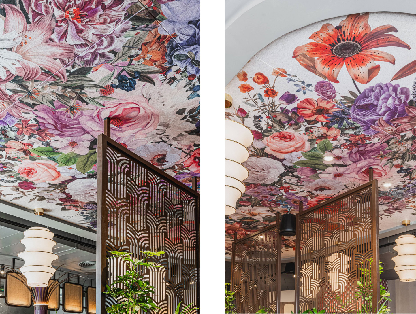 The printed floral ceiling within its rounded rectangular frame, seen from below
